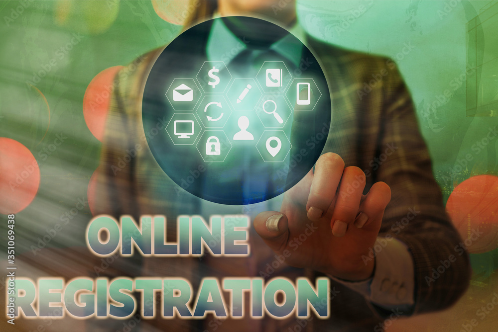Poster word writing text online registration. business photo showcasing system for subscribing or registeri