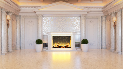 White baroque and classic interior design idea with fireplace and plant realistic 3D rendering