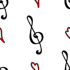 Black red treble clef heart love music line art seamless pattern vector