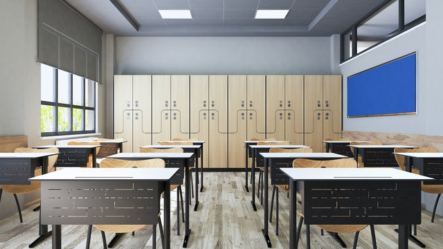 Modern classroom design with modern desk and seat realistic 3D rendering