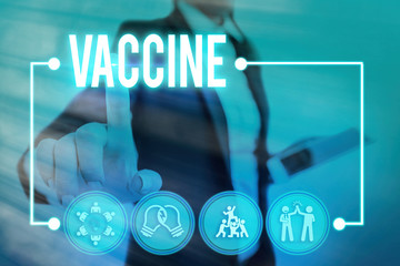 Conceptual hand writing showing Vaccine. Concept meaning preparation of killed microorganisms or...