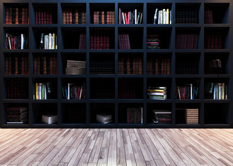Modern black bookshelf with wooden parquet 3D rendering © creo2