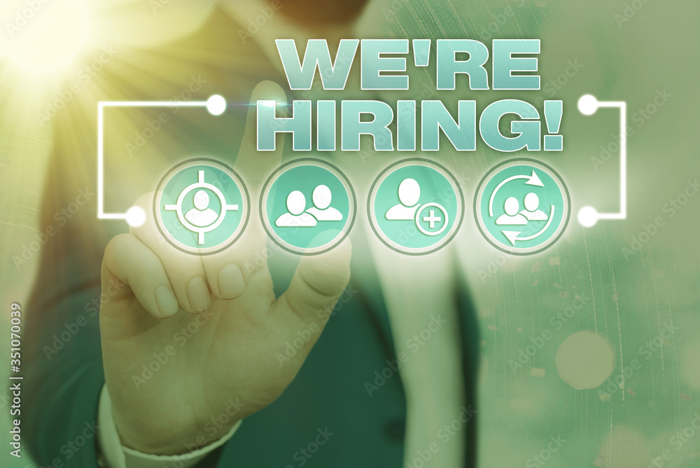 Poster handwriting text writing we re hiring. conceptual photo process of reviewing applications and findin