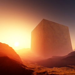 giant cubical structure in a strange gloomy desert sunset environment