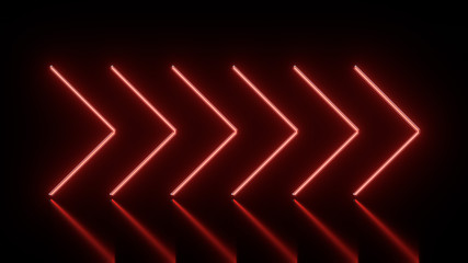 Abstract background 3d render of glowing neon arrows in red on reflecting floor. Laser show. Sign flashing neon lights. Lighting effects elements