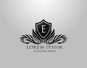 E Letter Logo. Classic Inital E Royal Shield design for Royalty, Letter Stamp, Boutique, Lable, Hotel, Heraldic, Jewelry, Photography.