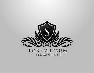 S Letter Logo. Classic Inital S Royal Shield design for Royalty, Letter Stamp, Boutique, Lable, Hotel, Heraldic, Jewelry, Photography.