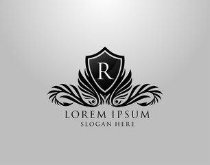 R Letter Logo. Classic Inital R Royal Shield design for Royalty, Letter Stamp, Boutique, Lable, Hotel, Heraldic, Jewelry, Photography.