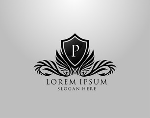 P Letter Logo. Classic Inital P Royal Shield design for Royalty, Letter Stamp, Boutique, Lable, Hotel, Heraldic, Jewelry, Photography.