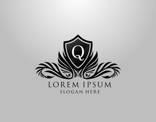 Q Letter Logo. Classic Inital Q Royal Shield design for Royalty, Letter Stamp, Boutique, Lable, Hotel, Heraldic, Jewelry, Photography.
