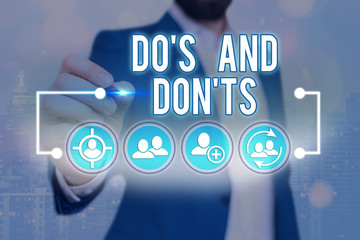 Word writing text Do S And Don tS. Business photo showcasing Rules or customs concerning some...