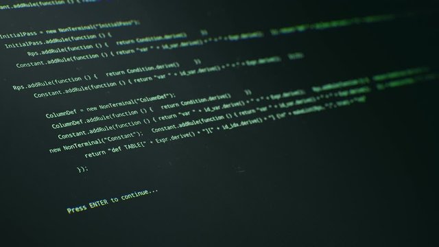 Source code scrolling 4K Animation. Program code hacking process. Old-school dust monitor or hacker display with glich close up video. Press Enter text. Pixel grid screen. Depth of Field effect