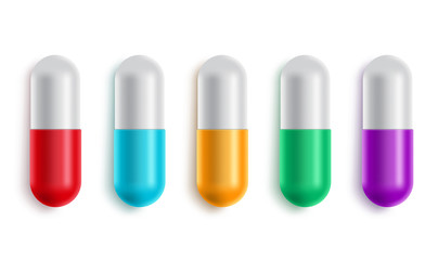 Capsule drug pill vector set. Tablet medicine in various colors for medical and pharmaceutical design elements isolated in white. Vector illustration.
