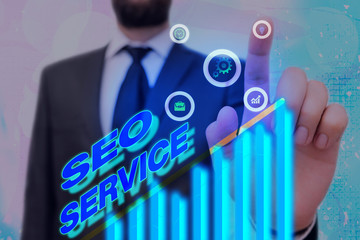 Word writing text Seo Service. Business photo showcasing techniques and procedures to increase the...