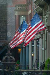 American flags in the city
