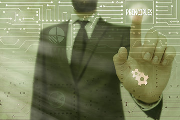 Writing note showing Principles. Business concept for fundamental truth that serves as the base for...