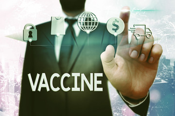 Conceptual hand writing showing Vaccine. Concept meaning preparation of killed microorganisms or...