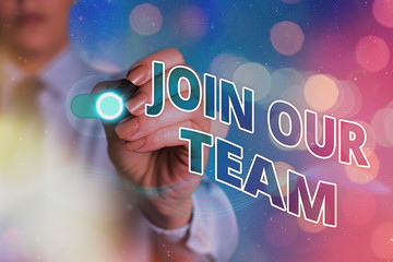 Writing note showing Join Our Team. Business concept for inviting someone to join in your local...