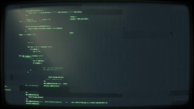 Hacking code animation on monitor. Source code or text scrolling down a computer screen terminal. Dust and sun reflection on display. Glitch and digital noise effect. Tech, programming footage in 4K