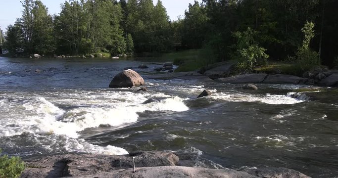 4K Kotka Langinkoski Imperial Fishing Lodge summer day high quality video, green woods, river and bridges in Finland, northern Europe