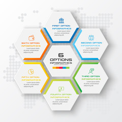 Hexagon business infographics template with 6 options in white color background