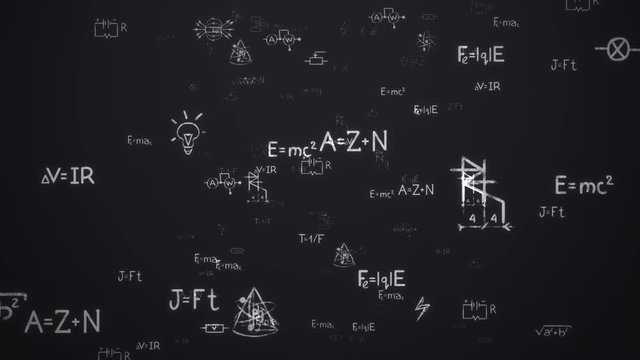 Camera goes through hand written Math, physics formulas and equations. Animation with flying symbols, functions in abstract digital space. Expressions moves from chalkboard. Science, theory. 4K Clip