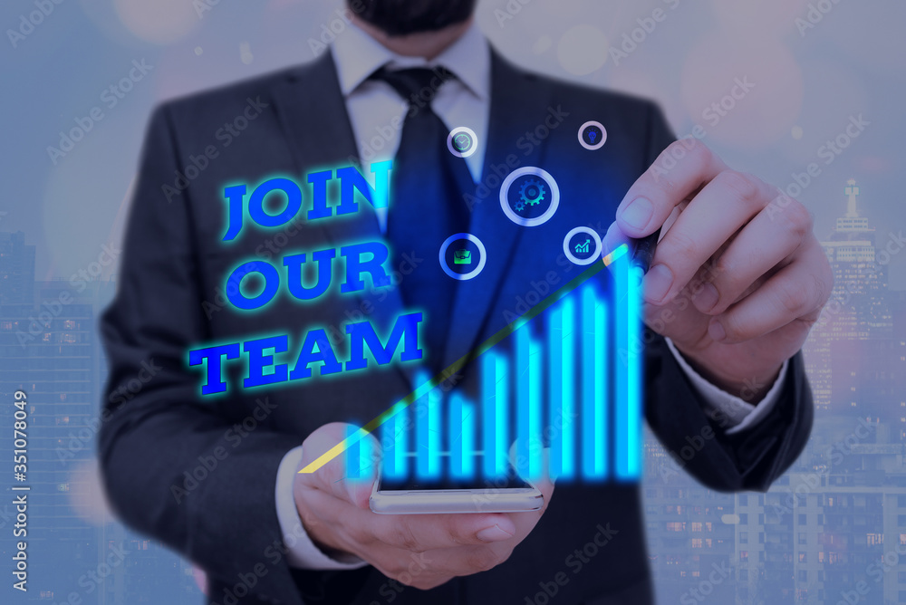 Poster word writing text join our team. business photo showcasing inviting someone to join in your local gr