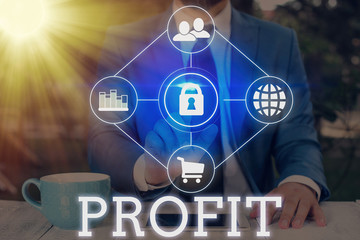 Word writing text Profit. Business photo showcasing money that is earned in trade or business after...
