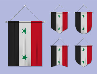 Set of hanging flags Syria with textile texture. Diversity shapes of the national flag country. Vertical template pennant for banner, web, logo, award and festival
