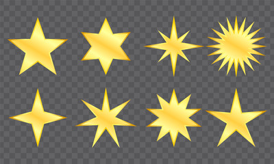 Gold star set vector isolated on translucent background.