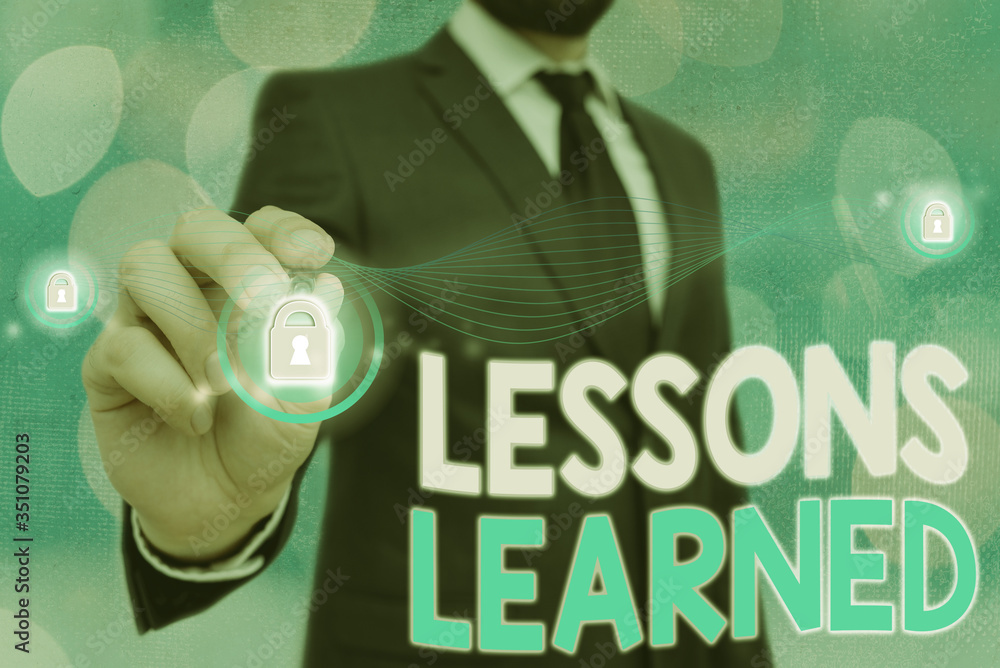 Poster handwriting text lessons learned. conceptual photo experiences distilled project that should activel