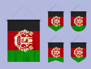 Set of hanging flags Afghanistan with textile texture. Diversity shapes of the national flag country. Vertical template pennant for banner, web, logo, award and festival
