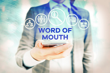 Text sign showing Word Of Mouth. Business photo showcasing information that is transmitted without...