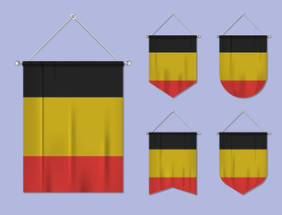 Set of hanging flags Belgium with textile texture. Diversity shapes of the national flag country. Vertical template pennant for banner, web, logo, award and festival