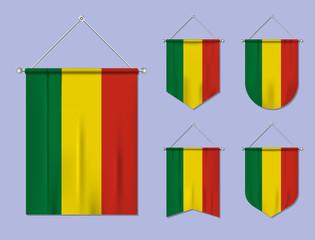 Set of hanging flags Bolivia with textile texture. Diversity shapes of the national flag country. Vertical template pennant for banner, web, logo, award and festival