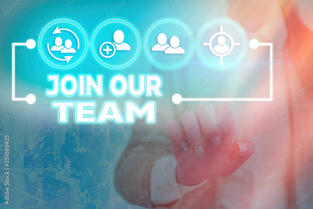 Poster writing note showing join our team. business concept for inviting someone to join in your local grou