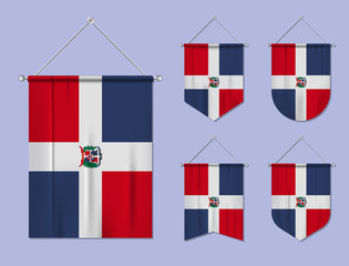 Set of hanging flags Dominican Republic with textile texture. Diversity shapes of the national flag country. Vertical template pennant for banner, web, logo, award and festival