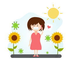 Cute cartoon of the woman is wearing the mask and talking on the phone with her boyfriend during the coronavirus is around her at the outdoor with the sun and sunflowers and heart sign in bubble text.