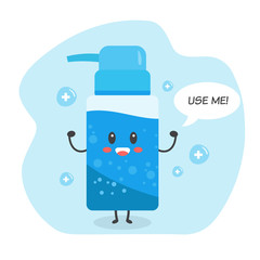 Cute cartoon happy lively hand sanitizer is flex muscle and rise up hand with big smile and say “use me” in the bubble text with many of cross sign in the bubble. Concept of coronavirus hand washing.