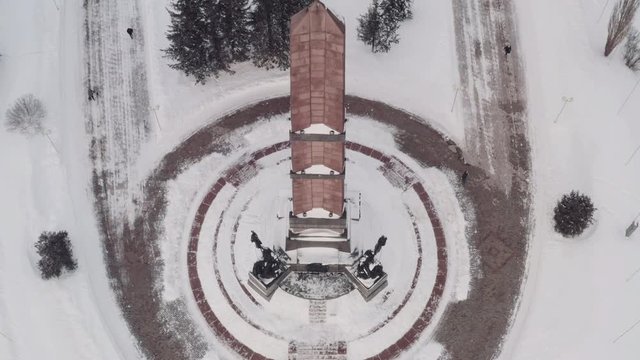 Ufa, Bashkortostan / Russia - February 2020: The Russian-Bashkir Friendship monument in Ufa, at winter, cloudy day - Aerial drone view