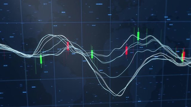Dynamic graph animation with value markers showing decrease and increase of global economic. Global statistics of business data progress. Trading counters. World map on the background. 4K footage