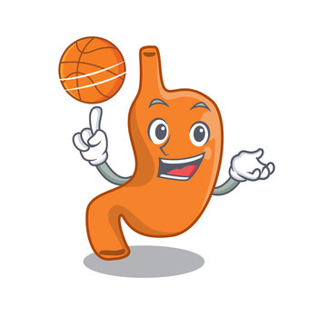 Sporty cartoon mascot design of stomach with basketball
