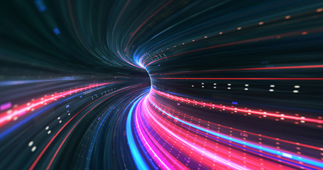 Abstract neon lights Sci-Fi futuristic Hi Tech virtual reality tunnel. Futuristic motion graphic. Ultra violet neon light glow. 3D rendering