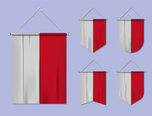 Set of hanging flags Monaco with textile texture. Diversity shapes of the national flag country. Vertical template pennant for banner, web, logo, award and festival