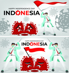 Indonesia Independence day with Corona virus concept. A doctor becomes a hero against the virus.