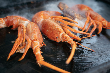 Sizzling hot cooking on the griddle pan. Delicious grilled halved Lobster with butter. Fresh, juicy and tasty Maine Lobster or Crayfish.