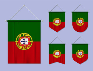 Set of hanging flags Portugal with textile texture. Diversity shapes of the national flag country. Vertical template pennant for banner, web, logo, award and festival