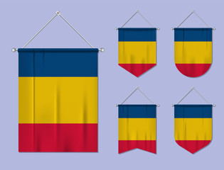 Set of hanging flags Romania with textile texture. Diversity shapes of the national flag country. Vertical template pennant for banner, web, logo, award and festival