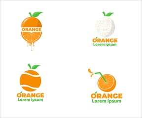 Set of Juicy, Splash, Grains,Half, Sliced, Orange Fruit Logo Isolated on White Background. Orange Logo Package.  Vector Design Illustration.