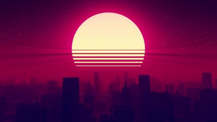 Retro wave, synthwave digital city landscape. Sunset view from over the city. Volumetric light. Rays from the sun. 80s Retro futurism style video. 3D Render. Purple, red colors. Trendy vintage 4K clip - Powered by Adobe